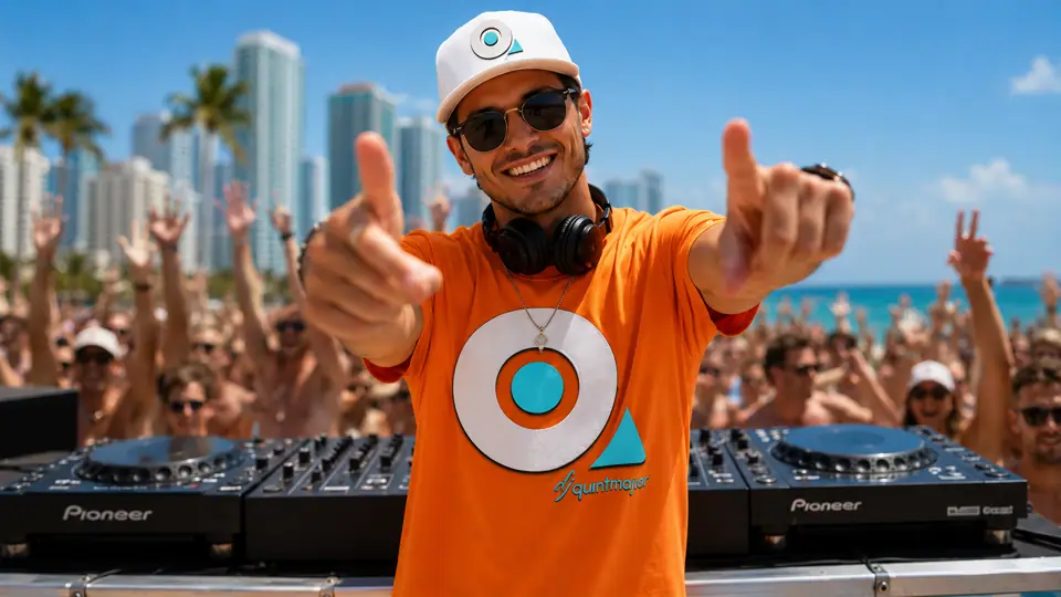 A DJ in an orange dj quintmajor tee pointing at the crowd